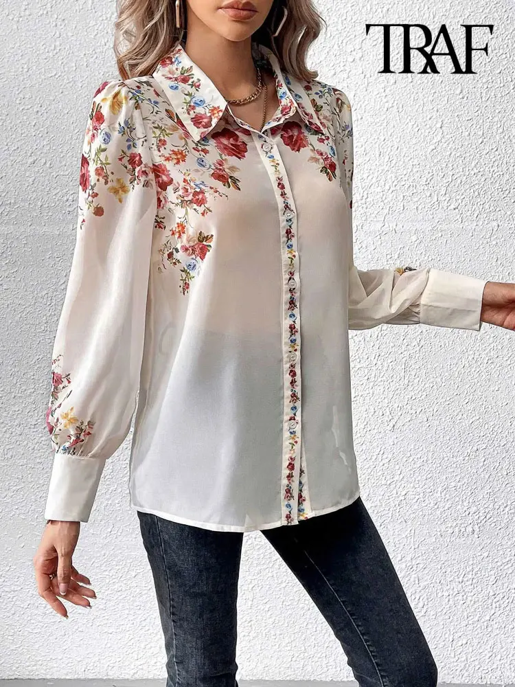 TRAF-Women\'s Floral Print Shirts, Semi Sheer, Long Sleeve, Button-up Tops, Female Blouses, Chic Fashion