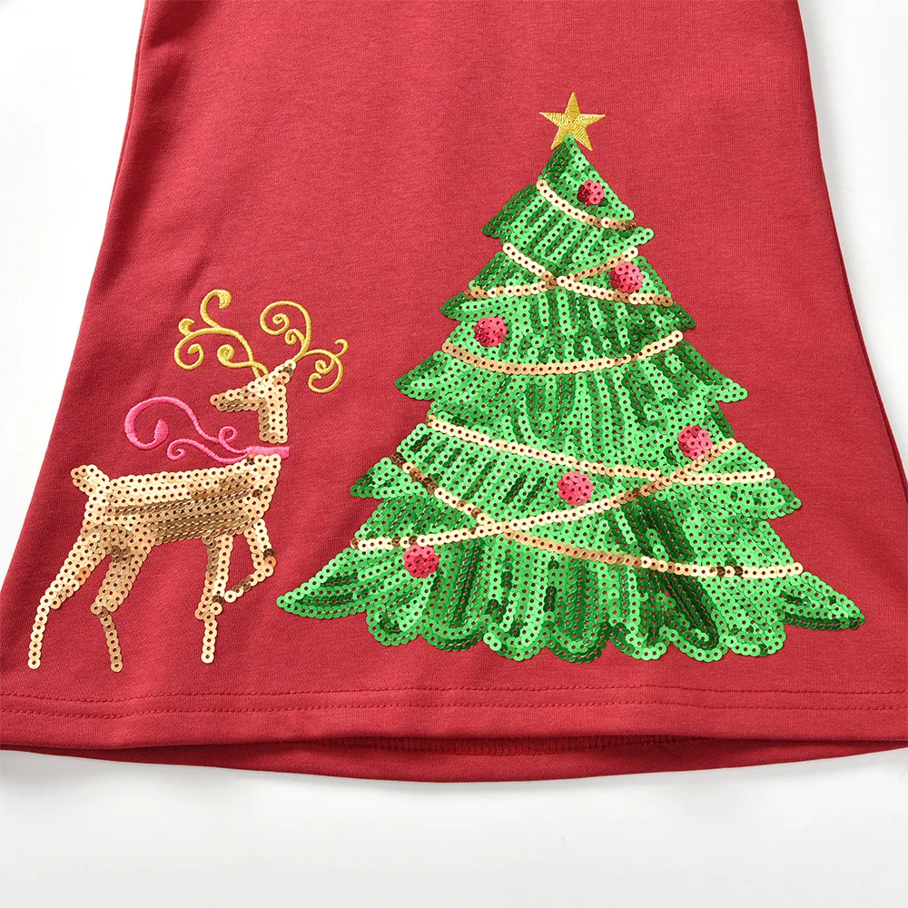 DXTON Kids Xmas New Year Dresses Girls Autumn Winter Hooded Dresses Girls Christmas Tree Elk Sequined Appliqued Hoodies Dress