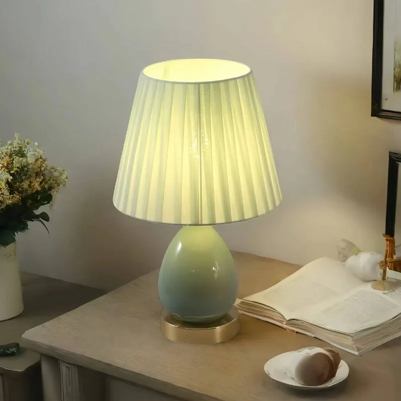 Fresh Mint Green Ceramic Table Lamps Pleated Fabric Shade French Bedroom Bedside Living Room Dining Study Minimalist Cozy Lights