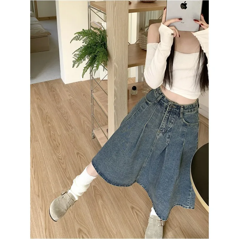 

Юбка-миди трапециевидной формы с высокой талией, женская джинсовая плиссированная юбка больших размеров, весенний дизайн, свободный крой, винтажная корейская юбка для поездок на работу