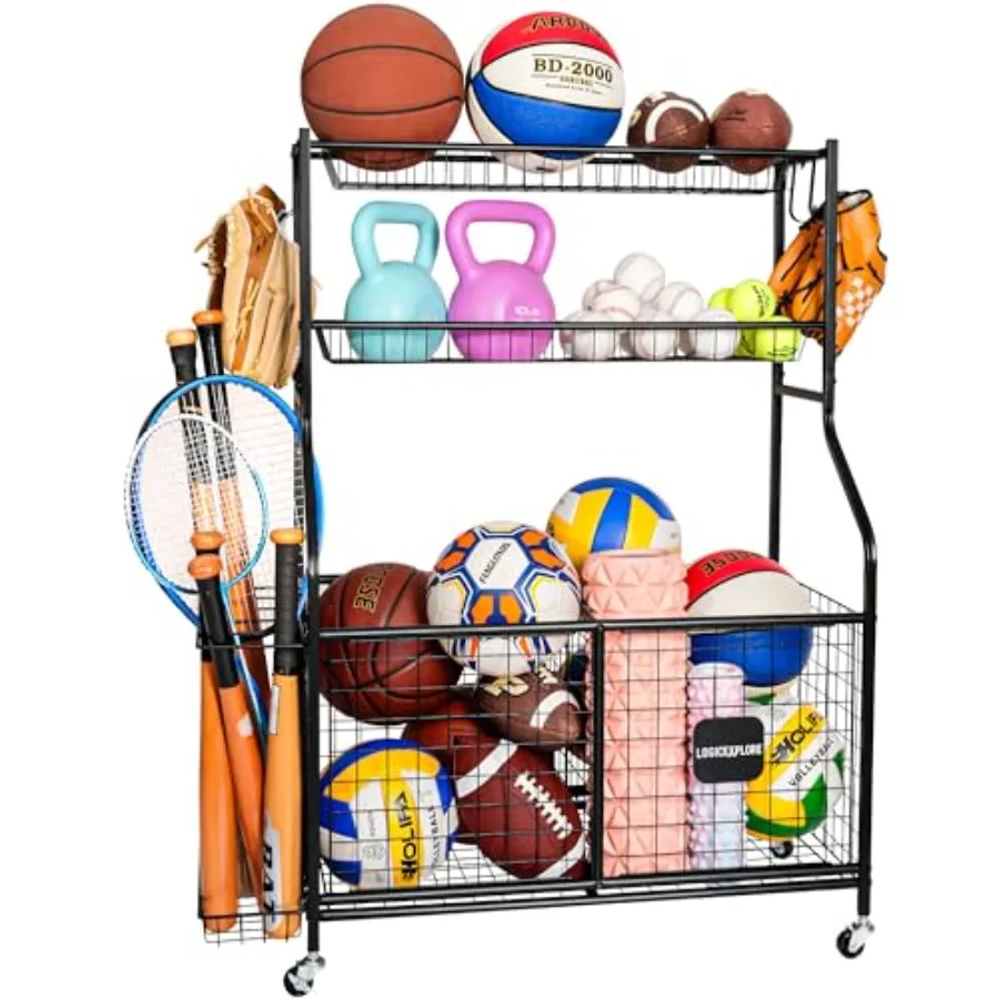 Rolling Sports Equipment Storage Organizer Rack with Heavy-Duty Metal Frame for Garage Home School Gym - Ideal for Basketball S