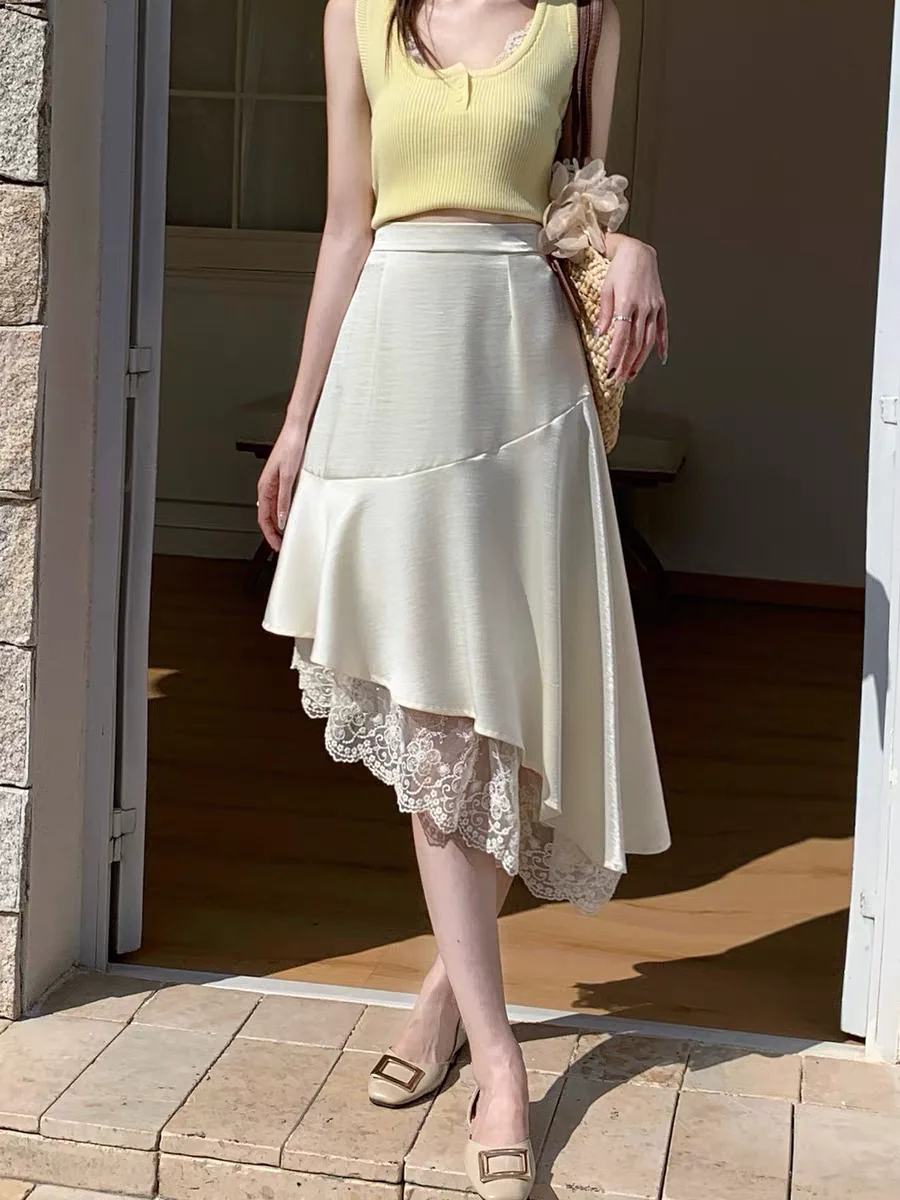 

Юбка А-силуэта с асимметричным цветочным кружевным подолом, женская летняя юбка с высокой талией, с эффектом русалки, с сетчатыми вставками, для вечеринок, модель Madi