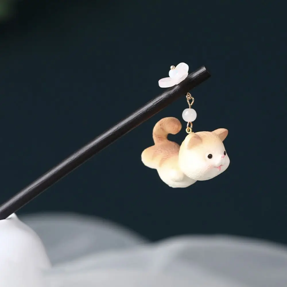 Cute Cat Wooden Hair Stick Tassel Chinese Style Hanfu Hairpin Hair Chopstick Hair Sticks for Buns Hanfu Accessories