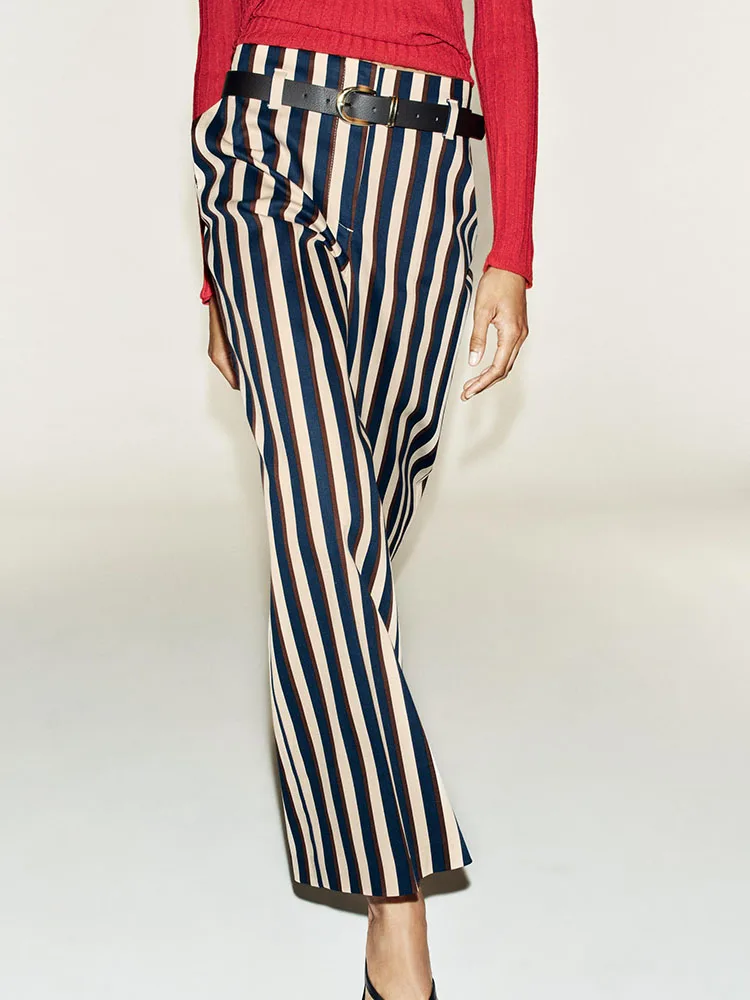 High Waist Straight Leg Casual Commuter Stripe Belted Pants New Arrival Women's Fashion Autumn Collection Comfortable Fit