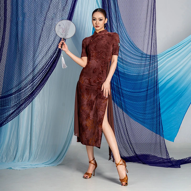 Abito da ballo latino estivo a maniche corte Donna Rumba Tango Sala da ballo Abiti da spettacolo di danza Abbigliamento da pratica latino per adulti DNV23448