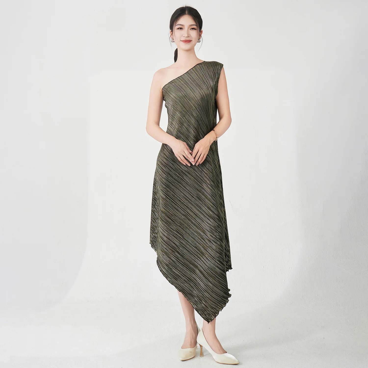 Ele Casual Long Dr Polyester Fabric Regular Sve Asymmetrical Hemline Loose Waist Sle Faionable Middle-aged Women