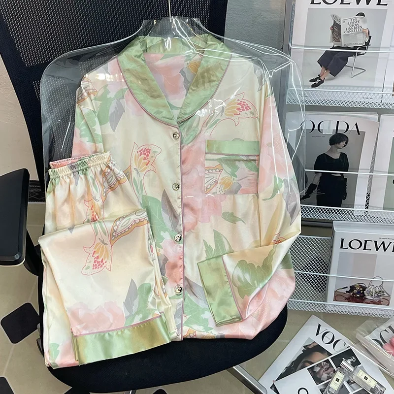 Women Pajamas Set Spring Summer 2 Piece Peony Floral Pyjama Faux Silk Satin Sleepwear Short Sleeve Pijama Mujer Pjs Homewear