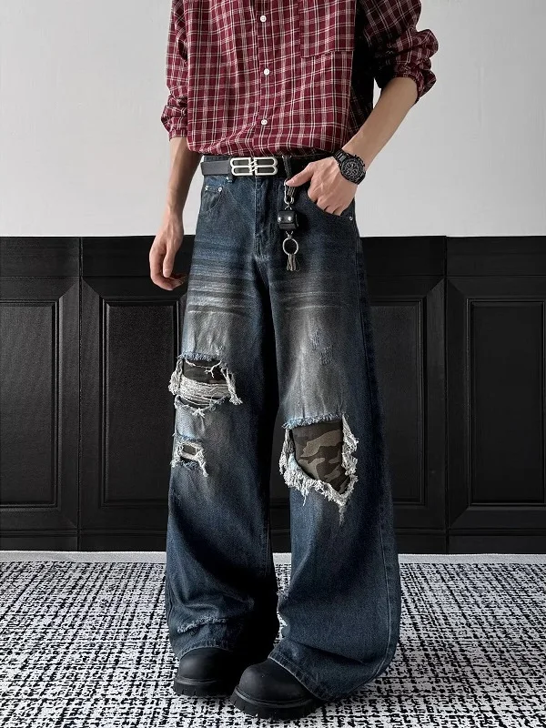 

Мужские джинсы в стиле американского ретро, с камуфляжным принтом, свободного кроя, широкие штанины, с эффектом потертости, высококачественные, длинные брюки