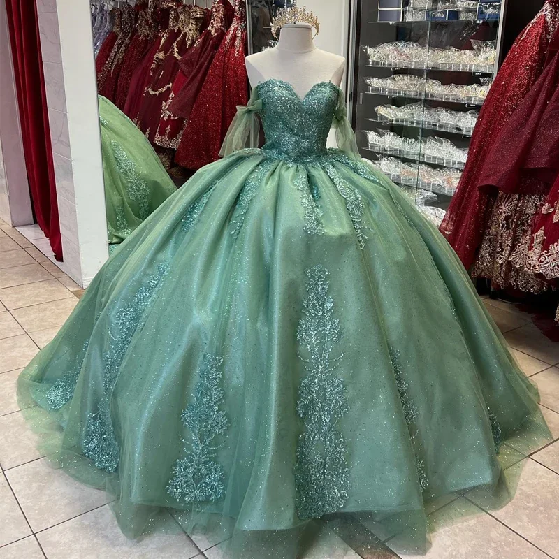 ANGELSBRIDEP Shiny Ball Gown Quinceanera Dresses Sage Green Sequined Appliques Lace Beads Corset Vestidos De 15 Años Customized