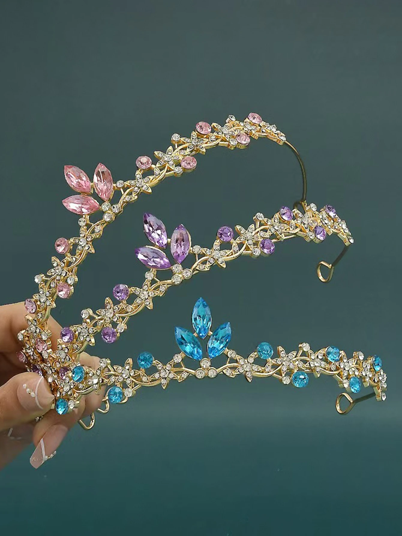 Light Luxury Pink Rhinestone Crown, Gold Leaf-Shaped Crown for Girls' Birthday, Bridal Wedding Dress Princess Hair Crown Headpiece