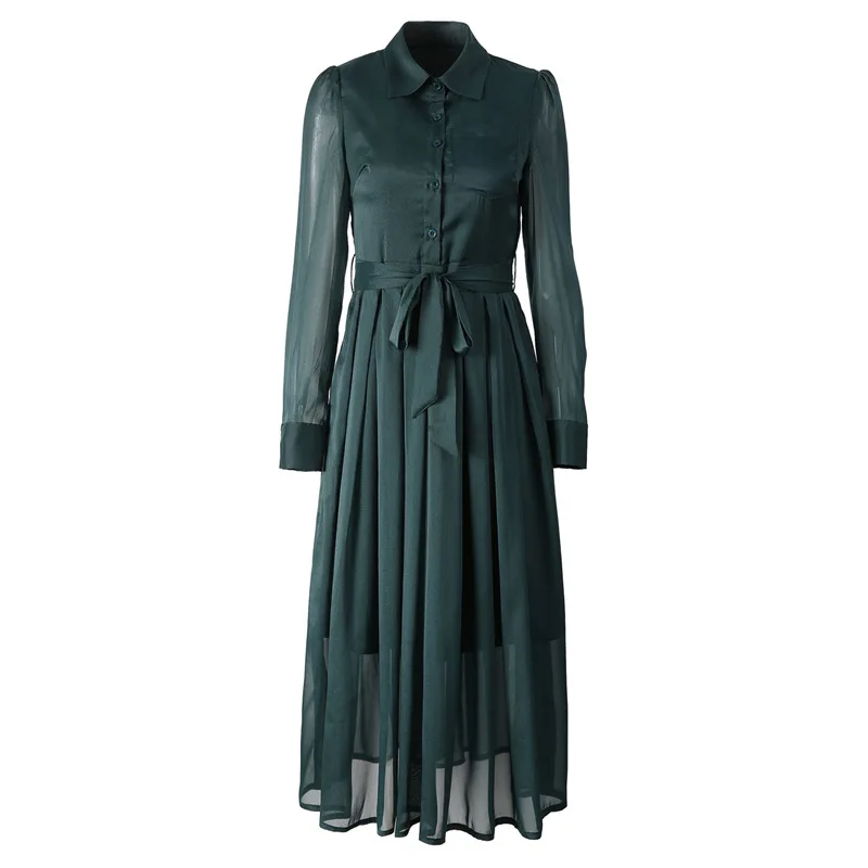 

New Women Long Sleeve Turn-Down Collar Dress A-Line Dress with Belt