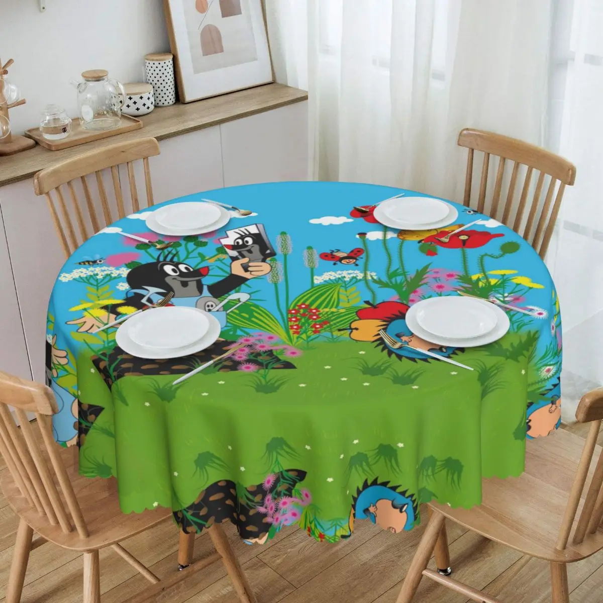 Round Funny Mole Selfie Tablecloth Waterproof Oil-Proof Table Covers 60 inches Cartoon Krtek Little Maulwurf Table Cloth