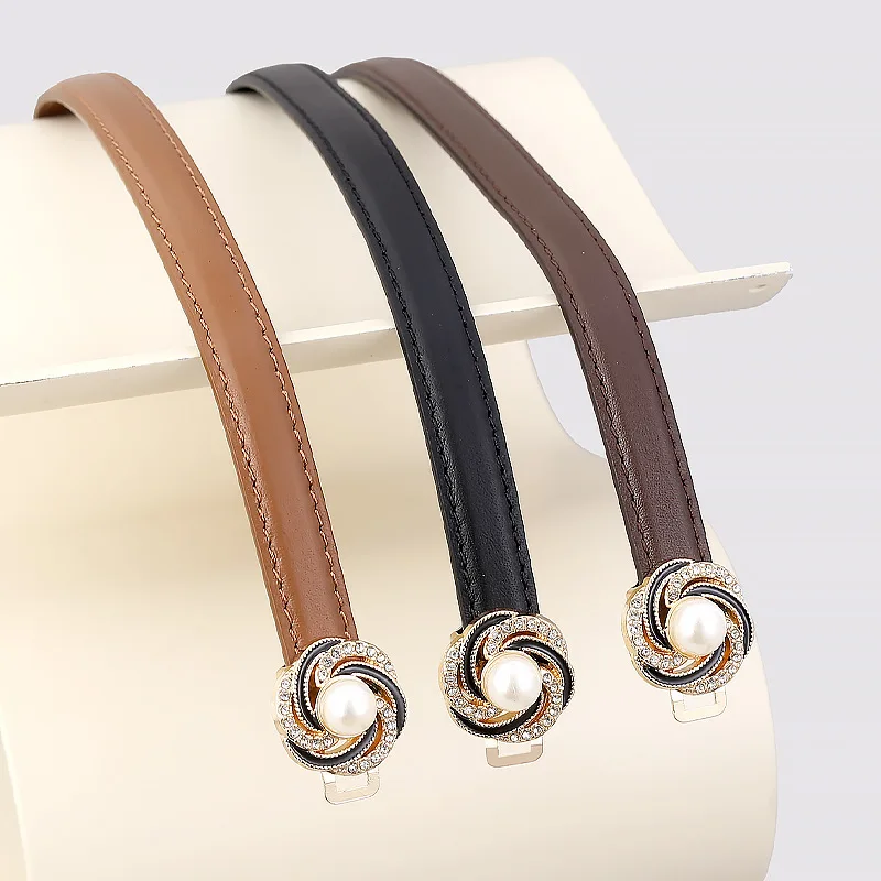 New Pearl Ladies Fine Leather Belt Fashion Versatile Decoration with Dress Coat Waist Belt