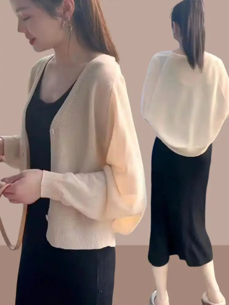 

Chic Summer Thin Ice Silk Knitted irt Casual Loose Sun Protection Open Cardigan Women's Faion Korean Sle Breeze Hollow ...