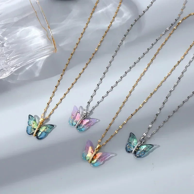 Luxury Color Gradual Change Acrylic 3D Butterfly Pendant Necklace for Women Korean Stainless Steel Zircon Choker Jewelry Gifts