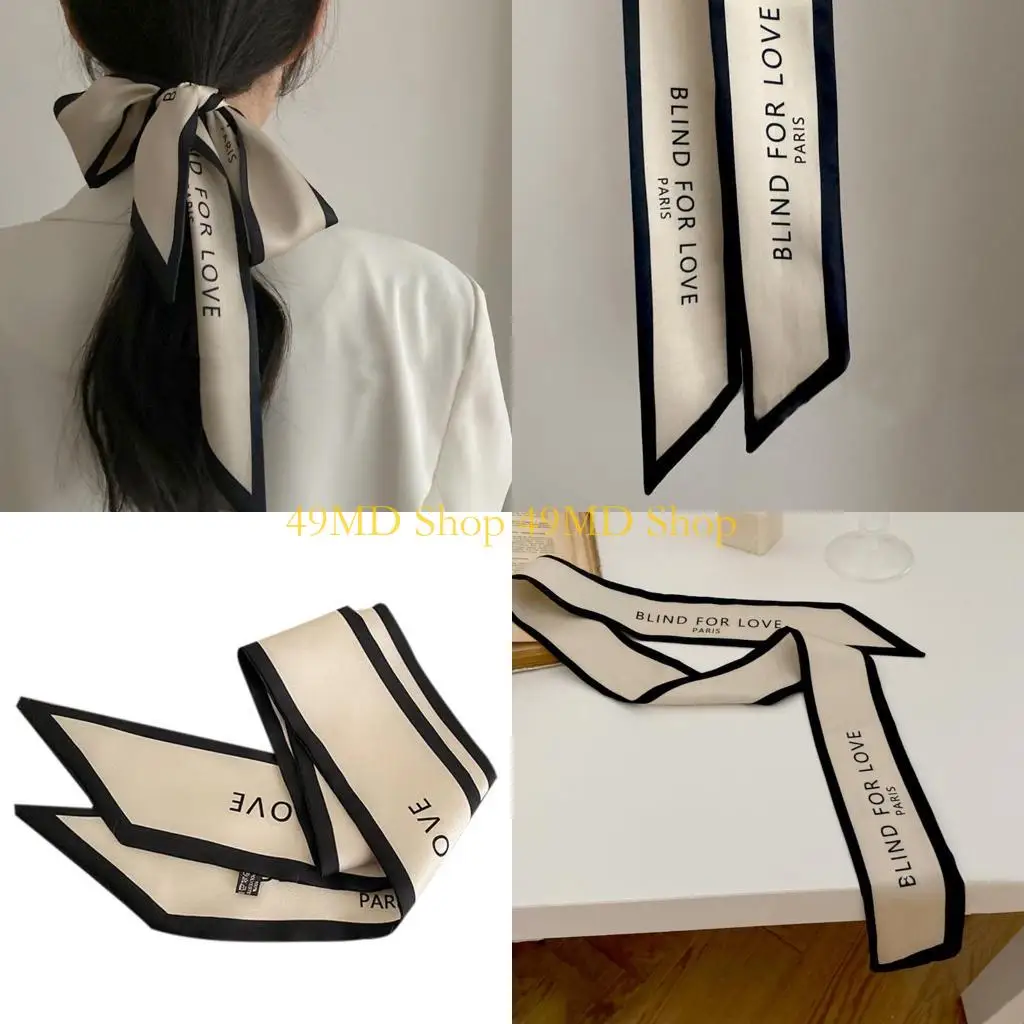 

49MD Vintage French Satin Long Skinny Scarf Contrast Color Letters Print Hairband Ribbon Neckerchief Choker Handle Wrap