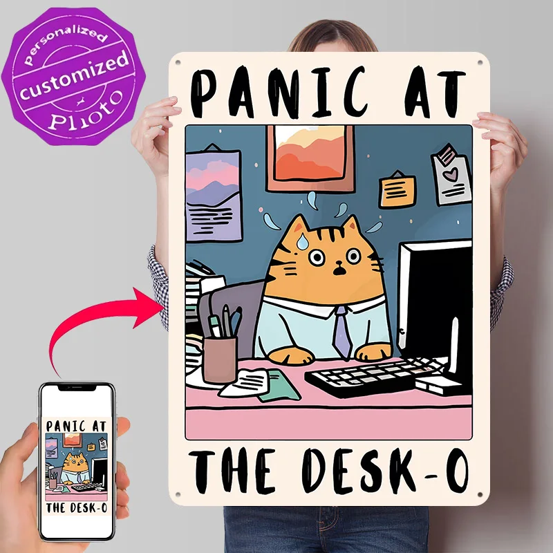Panic At the Desk-O Cartoon Personalized 3D Textured Metal Poster Wall Art Tinplate Sign for Bar Accessories Vintage Decor Room