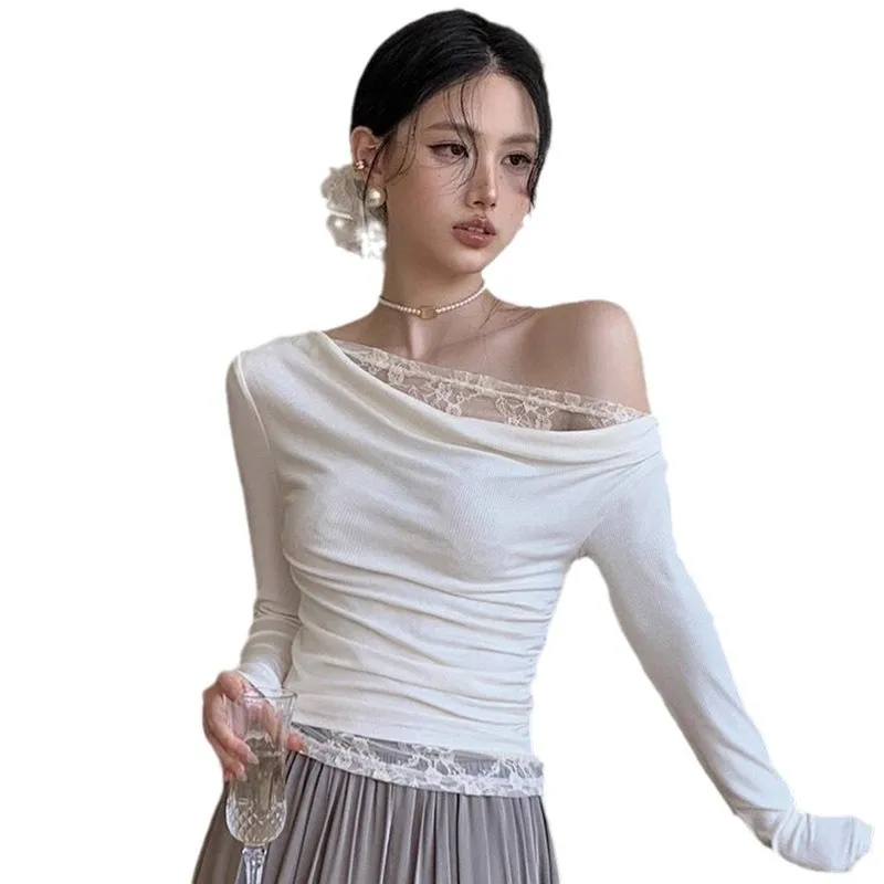

Lace Spliced Off-shoulder Base Shirt T-shirt for Women 2025 Autumn New Slim Inner Short Top