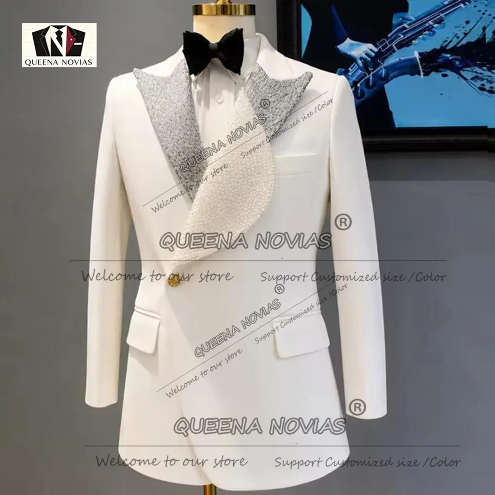 Exclusive Men's Suit Jacket For Wedding Guest Beaded Pearls Lapel Groom Tuxedo Customized Double Breasted Man Business Coat 2027