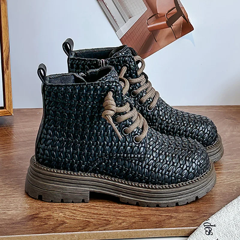 

PU Leather Fashion Boots For Children PU Leather Knitted Pattern Teenager Kid's Boots Soft-soled Anti-slippery Girl's Boots