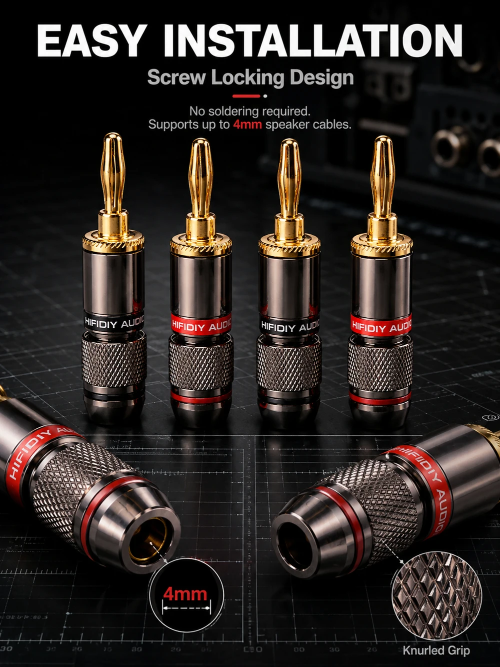 HIFIDIY LIVE 4 Stück/Set 4 mm reines Kupfer vergoldeter Bananenstecker-Anschluss für Audio-Video-Lautsprecher-Adapter, Terminal-Anschluss-Set – Detail 2