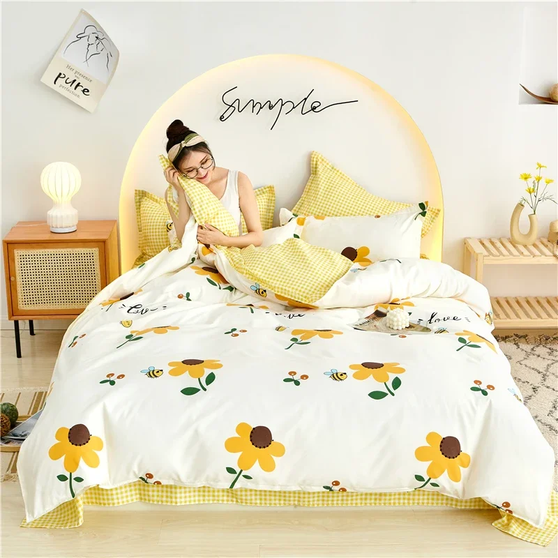 Cartoon Bee Duvet Cover 4pcs Children Girls Room Sunflower Floral Decor Quilt Cover Yellow Plaid Printed Sheet with 2 Pillowcase