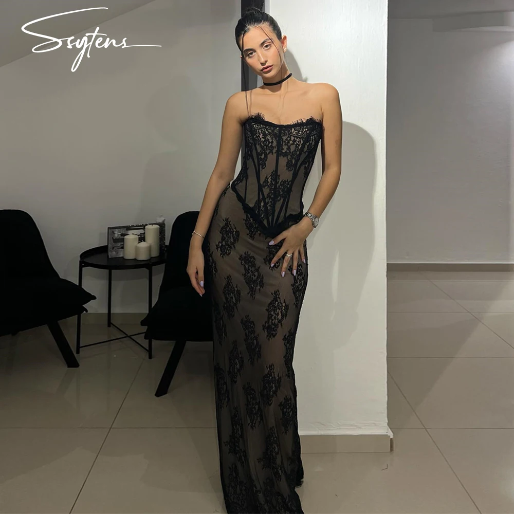 

Modern Black Lace Illusion Mermaid Evening Dresses فساتين السهرة Sexy Lace Up Back Celebrity Party Prom Gown Vestidos De Noche