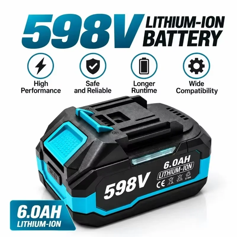 Batteria ricaricabile agli ioni di litio da 6,0 Ah, modello 598V, per utensili elettrici a batteria, batteria di ricambio ad alta capacità con maggiore autonomia, erogazione di energia stabile,