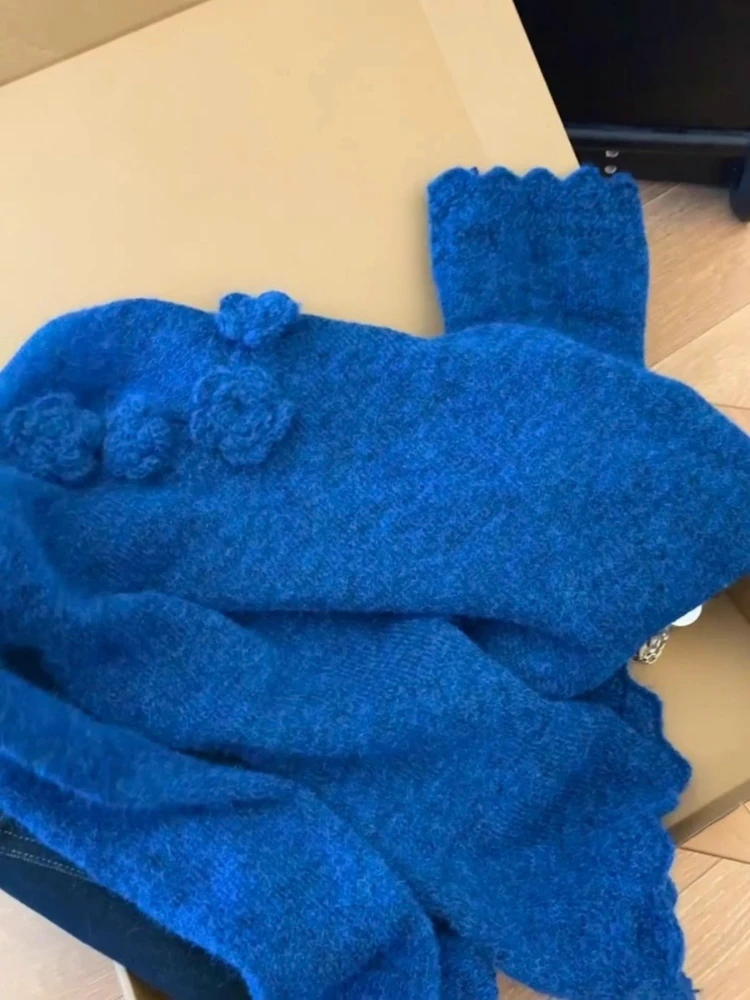 المرأة خريف شتاء جديد كسول قاع بلوفر مغزول Y2k فضفاض كم طويل بلايز الأزرق ثلاثية الأبعاد زهرة سترة برقبة على شكل v #3