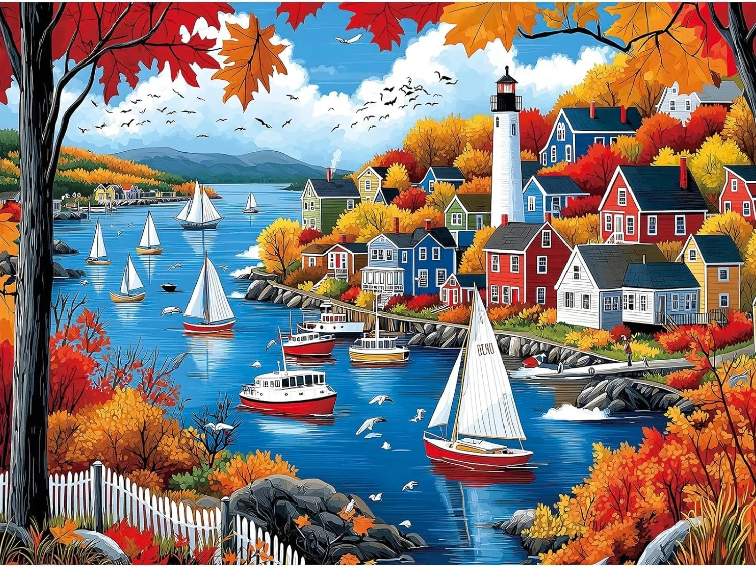 

Puzzles for Adults 300/500/1000 Pcs Autumn Town Jigsaw Puzzles for Beautiful Fall Seaside Landscape Room Living Room Wall Decor