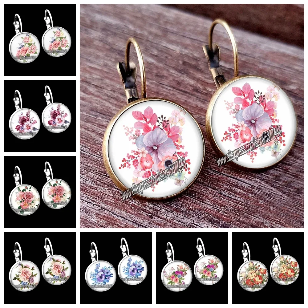 Pink Rose Flower Women Stud Earrings Beautiful Peony Flower Mother Earrings Mixed Flowers Glass Cabochon Earrings Gift for Women