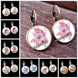 Pink Rose Flower Women Stud Earrings Beautiful Peony Flower Mother Earrings Mixed Flowers Glass Cabochon Earrings Gift for Women