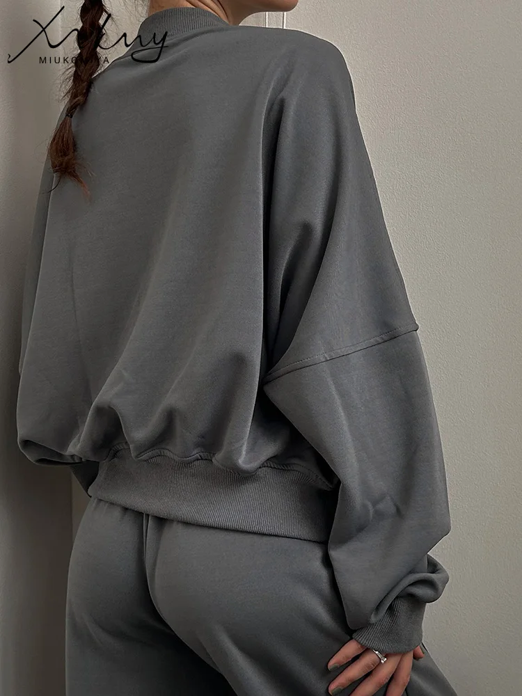 Gray Straight Pants Two Pieces Sets Women Outfit Long Sweatpants Street Wear Zipper Jacket Track Suits Sweatshirt Sets For Women