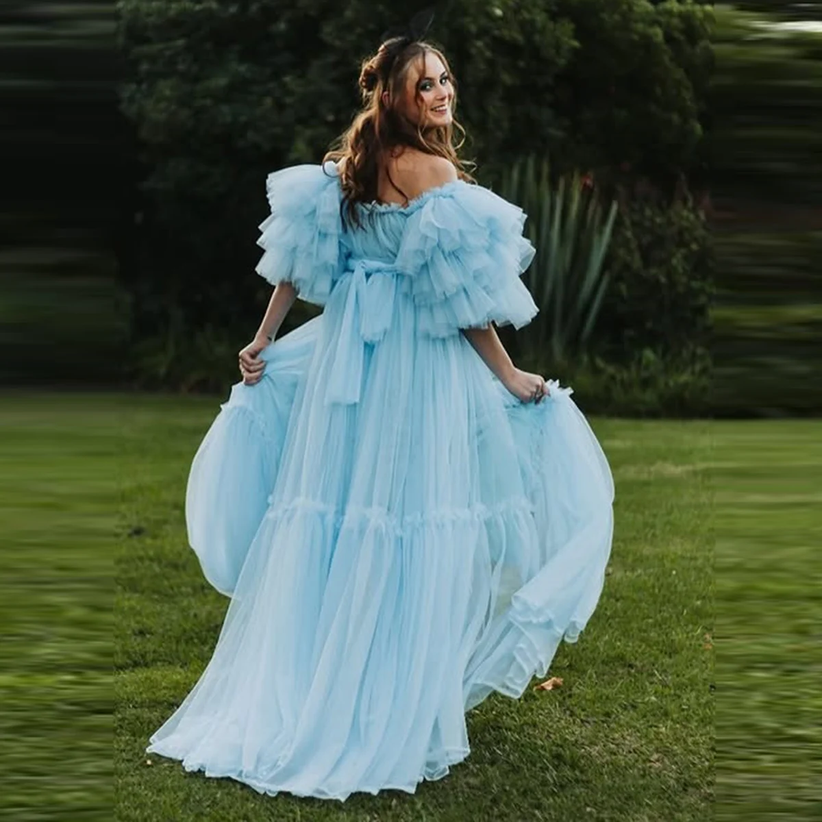 

Голубое платье для выпускного вечера с открытыми плечами и многоуровневыми тюлевыми рукавами, вечернее платье трапециевидной формы для вечеринки, платье для фотосессии, Robe De Soiree