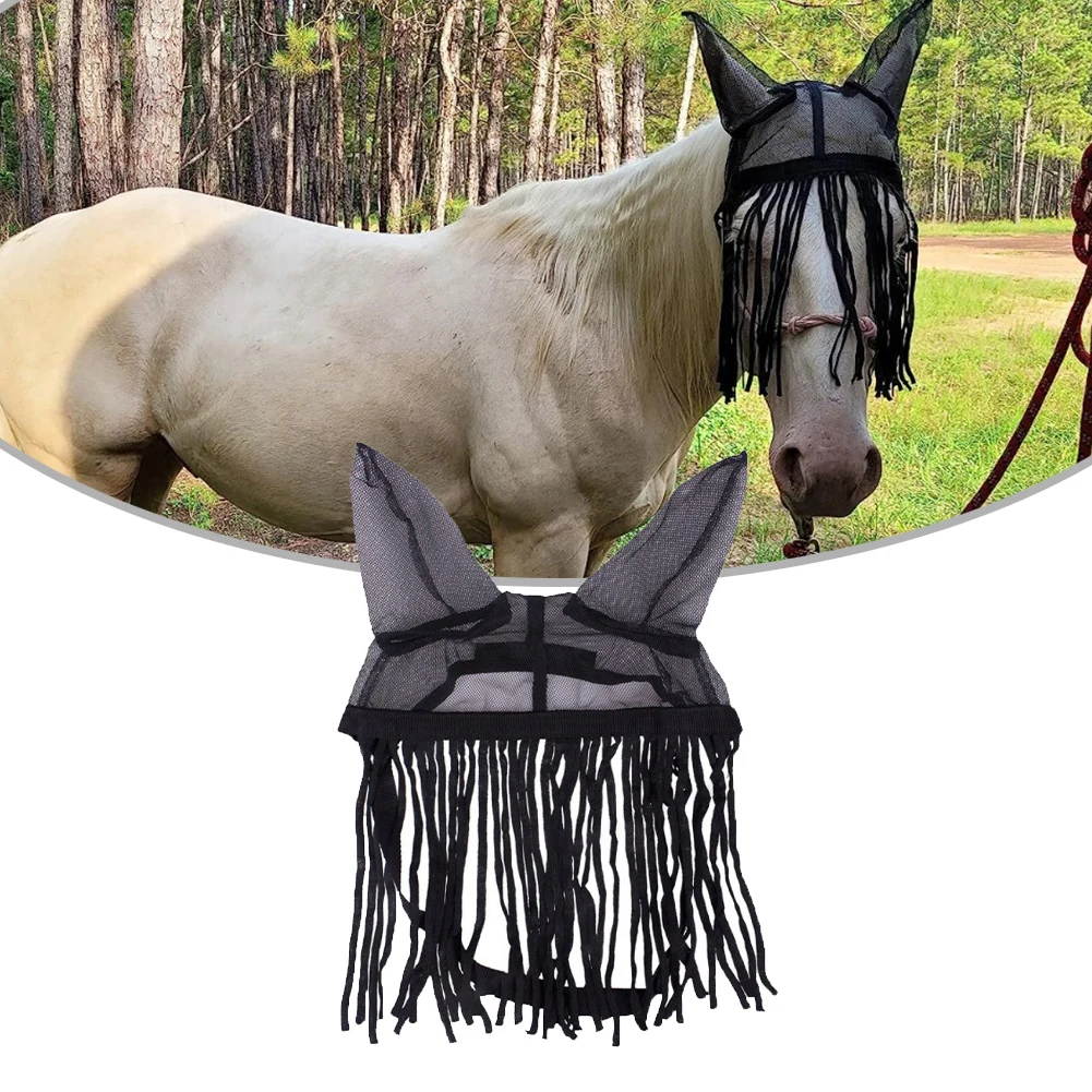 Horse Fly Cover With Tassels Breathable Polyester Fabric Adjustable Fit For Riding Ranch And Stable Protection Use