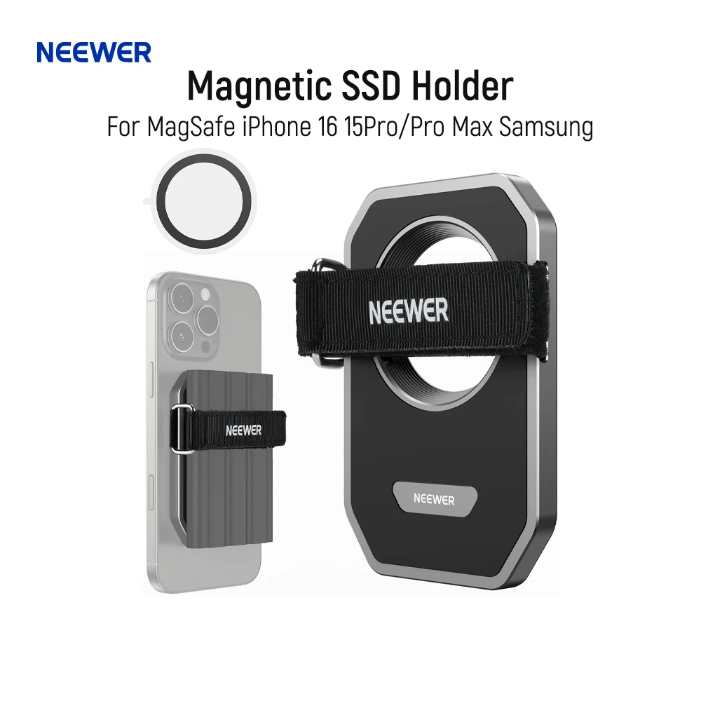 Neewer Magnetic SSD Holder with Universal Touch Fasteners Compatible with MagSafe iPhone 16 15Pro/Pro Max Samsung SanDisk Lexar