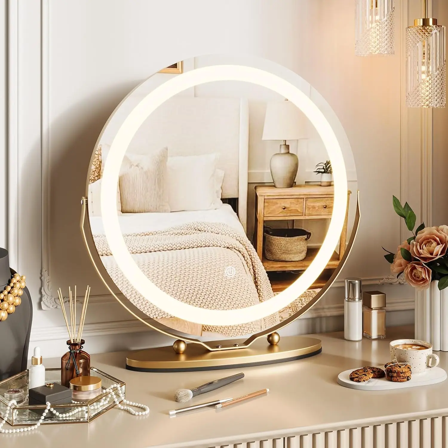 

19" Round LED Vanity Mirror with 3-Color Adjustable Lighting Modes Rotating Aluminum Smart Touch Dimmable Tabletop Makeup Mirror