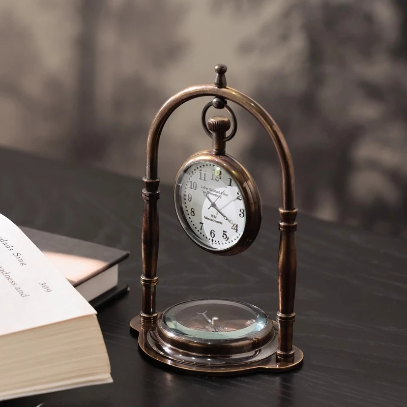 Compass Table Clock Simple Mini Living Room Desktop Clocks Multifunctional Desktop Decoration Retro Interior Accessories