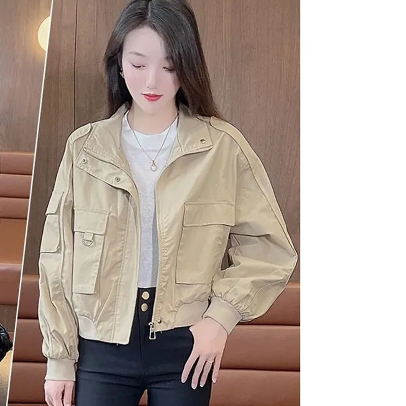 

Женская свободная куртка с длинными рукавами, весенне-осенняя, с воротником-стойкой, повседневная короткая верхняя одежда, модная женская куртка с карманами