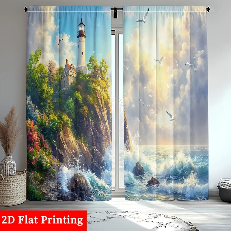 Coastal Lighthouse Seascape Curtain Panel Ocean View Window Drapery Nautical Landscape Design Tropical Sea Gulls Bedroom Living