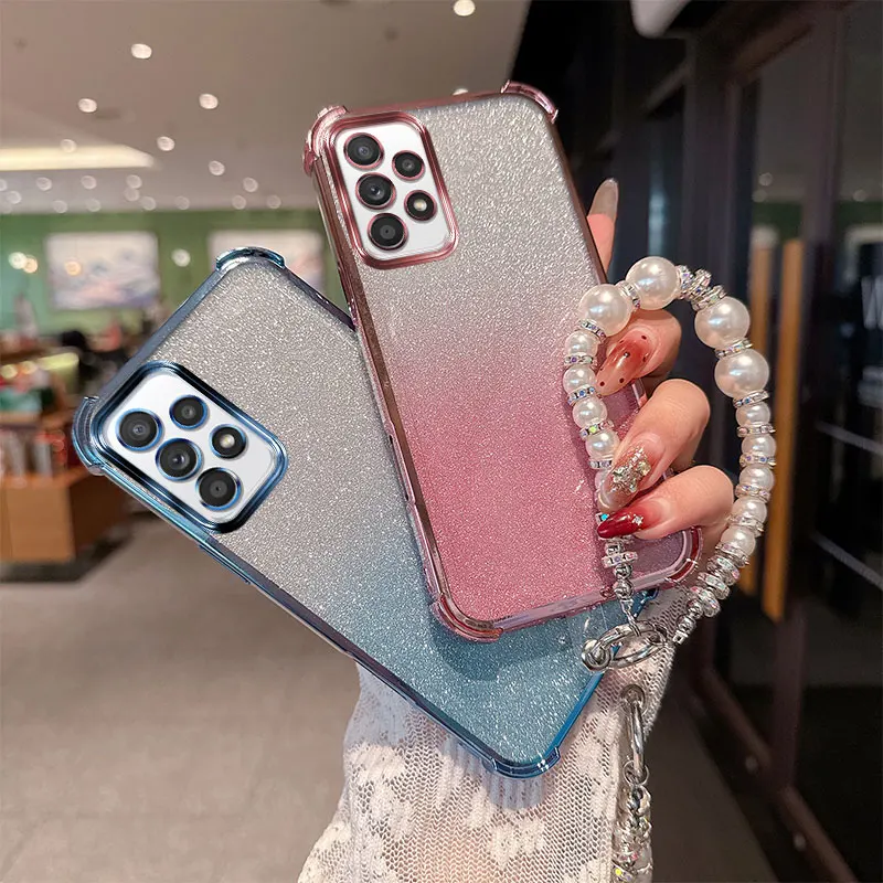 Gradient Glitter Shockproof TPU Phone Case with Luxury Pearl Chain Wrist Strap For Samsung Galaxy A13 LTE 4G A04s 5G Back Cover