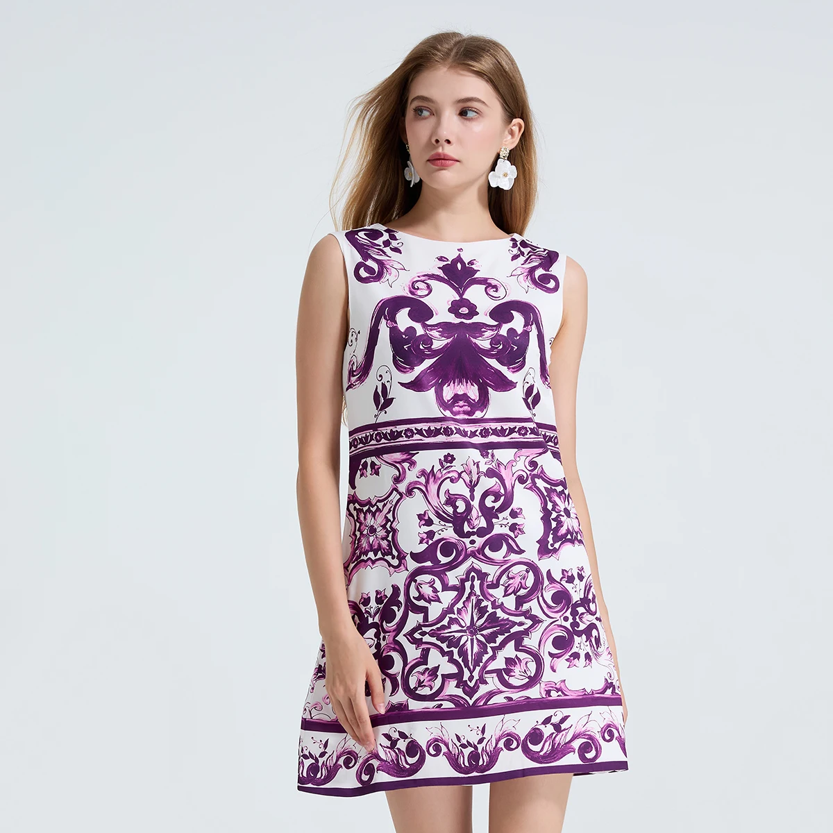 Wein Woman Lady Vrouwelijke bedrukte mouwloze jurk met hoge taille en slim fit rok met ronde hals Paarse porseleinen jurken mini