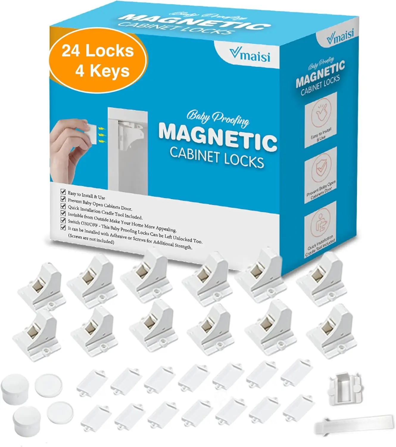 Adhesive Magnetic Locks for Cabinets & Drawers 24 Pack and 4 Keys + Cradle