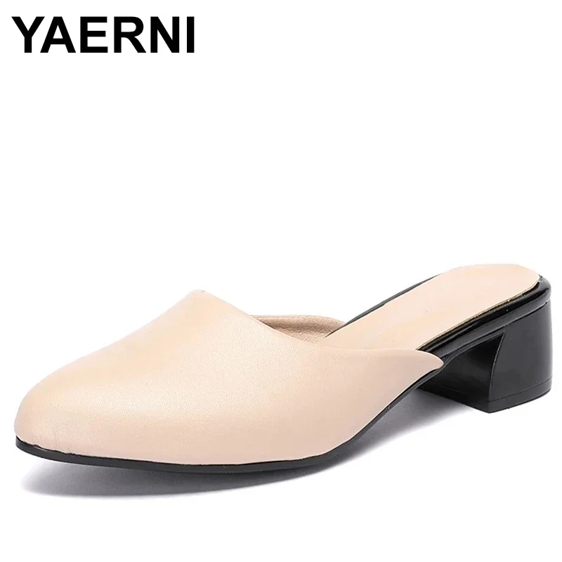 

YAERNI Women Summer Slippers Office Lady Slides Fashion Female Med Heels Sandals Casual Mules Genuine Leather Woman Shoes