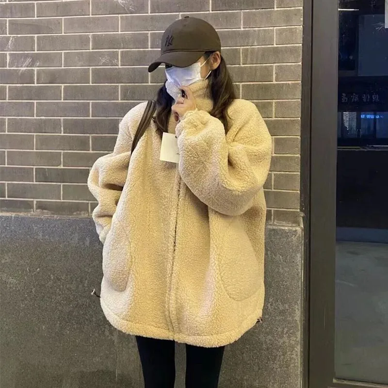 Women Beige Oversized Teddy Sherpa Fleece Jacket Stand Collar Zip Up Pocket Loose Warm Casual Winter Thick Plush Outerwear Coat