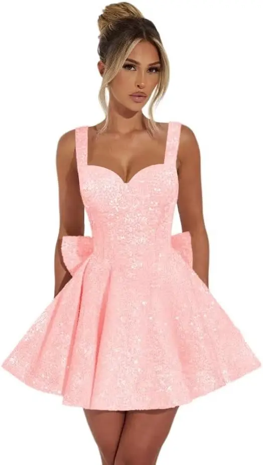 Sparkly Sequin Homecoming Dresses with Bow 2025 Short Spaghetti Straps A-line Evening Prom Cocktail Dress above knee , mini
