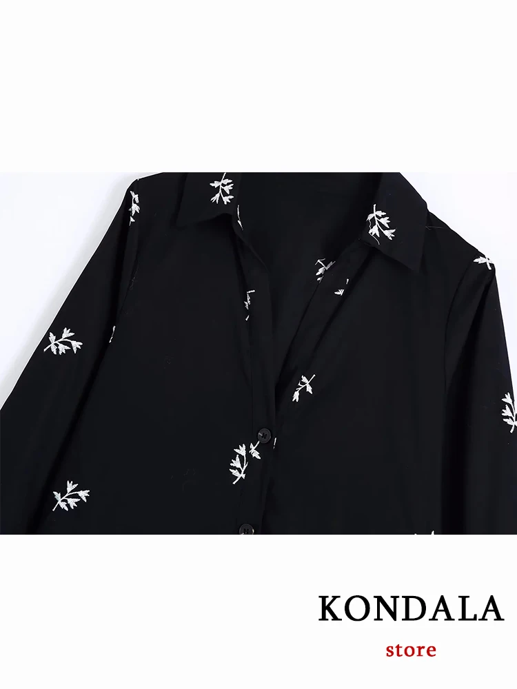 KONDALA Chic Casual Loose Embroidery Black Women Long Shirt Dress Fashion 2023 Summer Single Breast Long Sleeve Elegant Vestidos