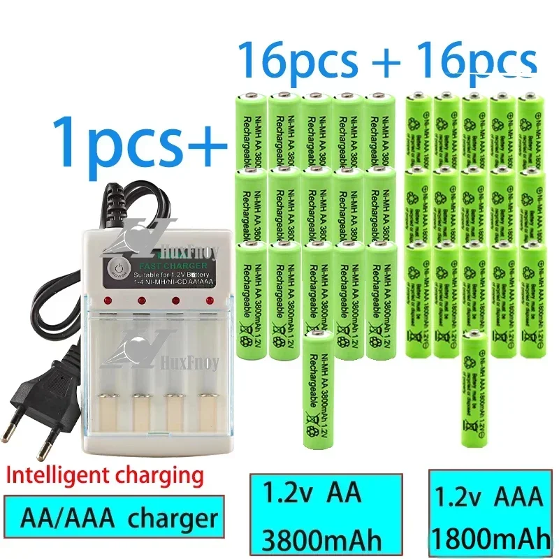 Long Lasting AAA Rechargeable Batteries, 1.2V aaa 1800mAh, 1.2V AA3800mAh  Ni-MH Battery for Microphone and Camera with Charger