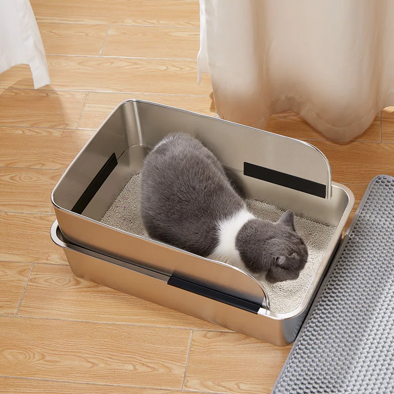 

2025 Stainless Steel Cat Litter Box Non-Stick Semi-Enclosed Cat Bedpans Odor-Proof & Anti-Splash Pet Toilet with High Sides