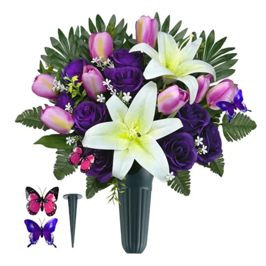 

Cemetery Flowers with Vases for Grave Decor, Silk Lily Rose Tulip Headstone Flower, Tombstone Flower - Bright and Colorfast, Pu
